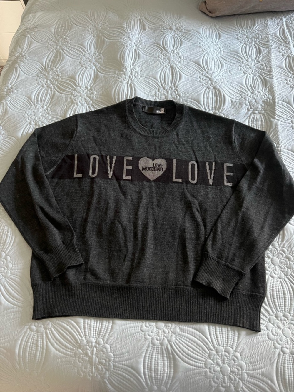 Love Moschino Charcoal Gray Crewneck Sweater with LOVE Heart Band